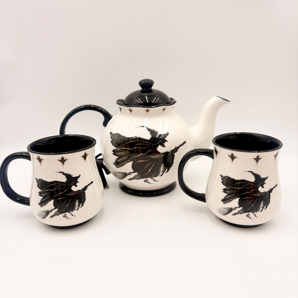 Potters Studio Spooky Night Witch Teapot and Mug Set Halloween Ceramic Gold 3pc